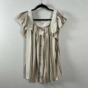 Lapogee Womens 2X Striped Flutter Sleeve Boho Button Front Rayon Top Gold Lurex